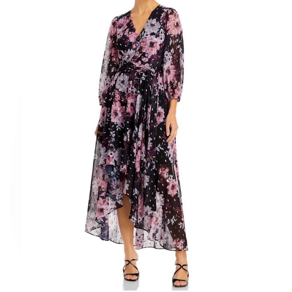Eliza J Dress Women's Size 8 Black Pink Floral Chiffon High Low Maxi Midi Wrap